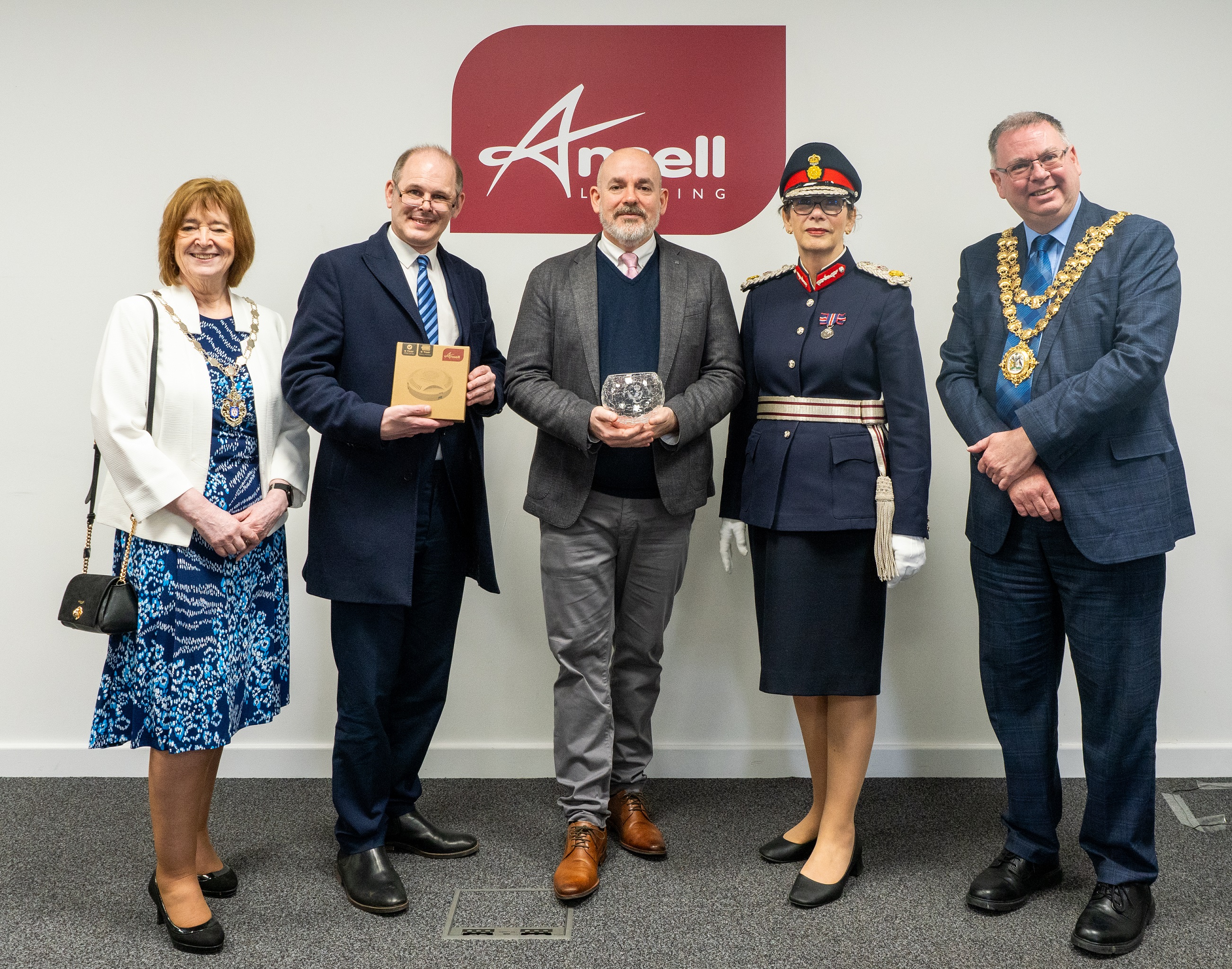 l-r. Deputy Mayor of Warrington, Councillor Carol Benson; MP for Leigh, Mr James Grundy; Mark Abbott, Managing director of Ansell Lighting; the Lord-Lieutenant of Greater Manchester, Mrs Diane Hawkins; Mayor of Wigan, Councillor Kevin Anderson.