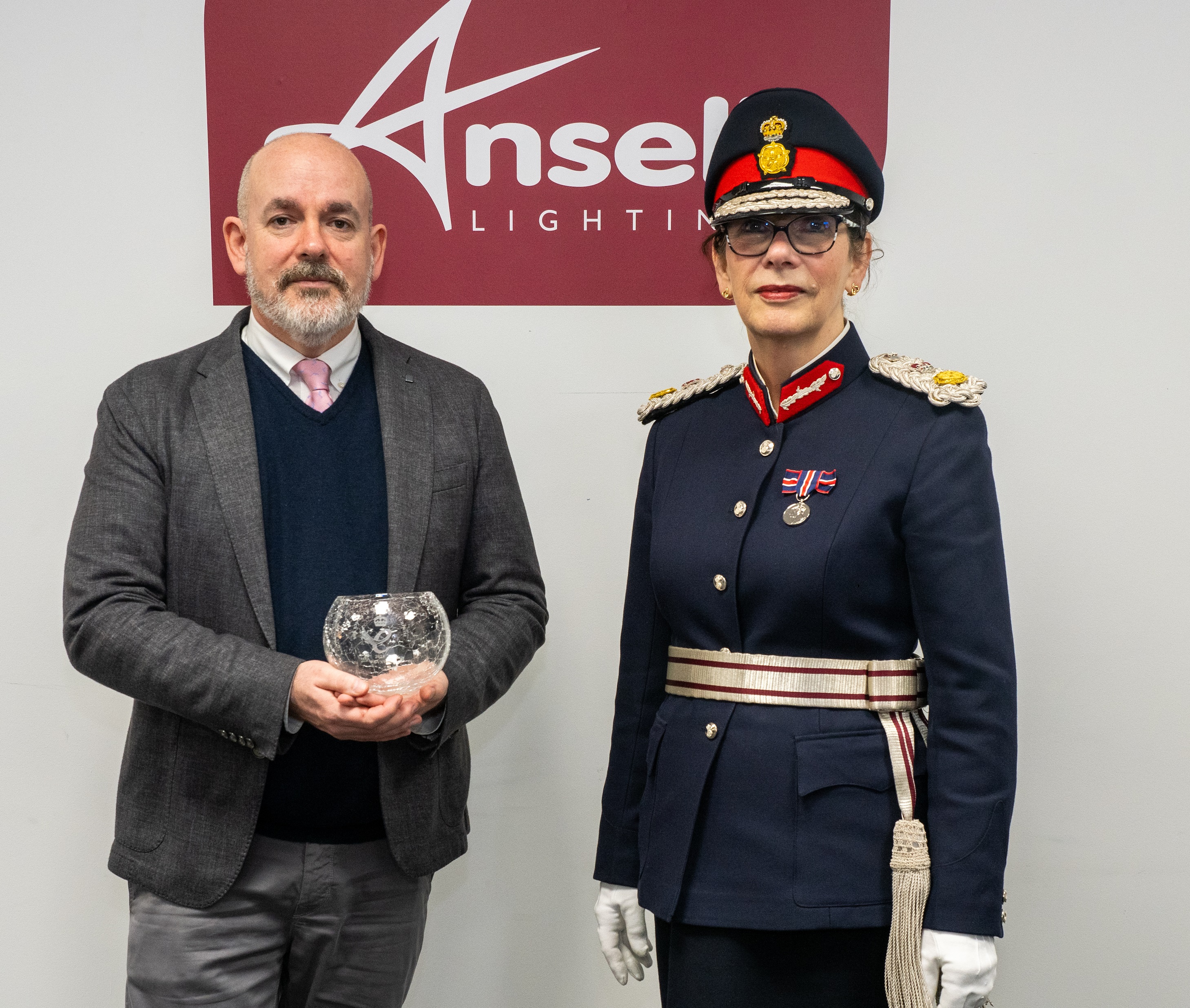 l-r. Mark Abbott, Managing Director of Ansell Lighting, with the Lord-Lieutenant of Greater Manchester, Mrs Diane Hawkins