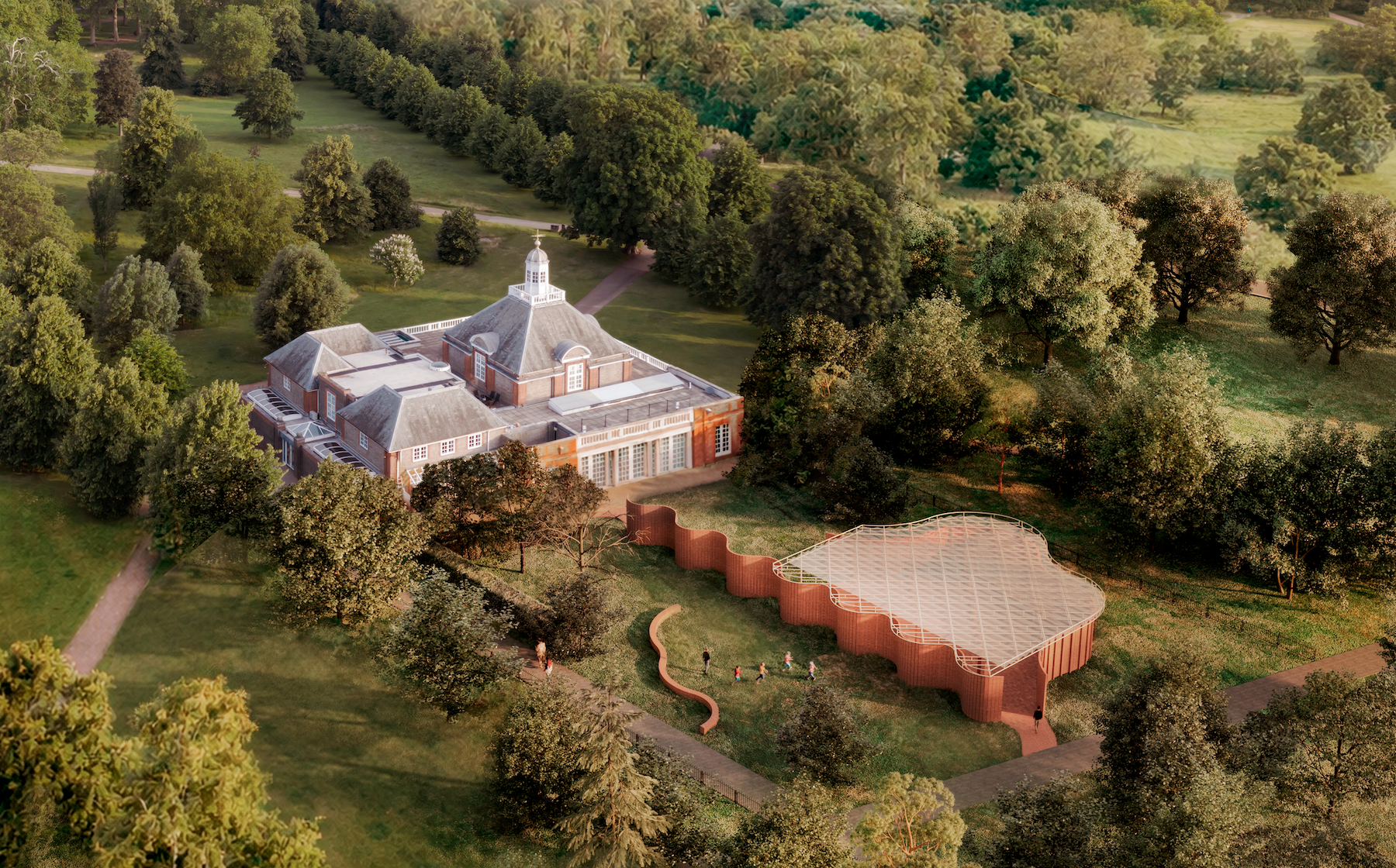 Serpentine Pavilion 2026 a serpentine, designed by Isabel Abascal and Alessandro Arienzo, LANZA atelier. Design render, aerial view. © LANZA atelier. Courtesy Serpentine.